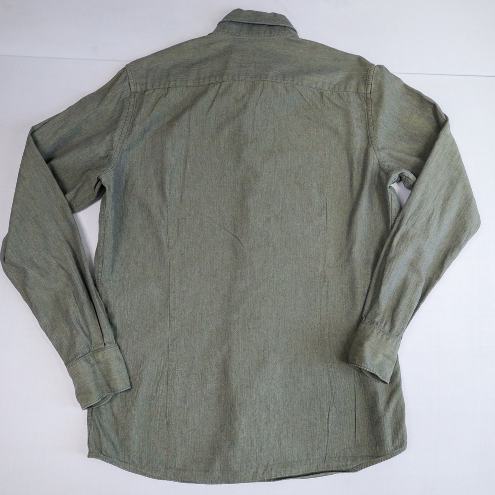 Massimo Dutti Button Down Shirt Mens Medium Olive Green Herringbone Cotton Long - Picture 4 of 13